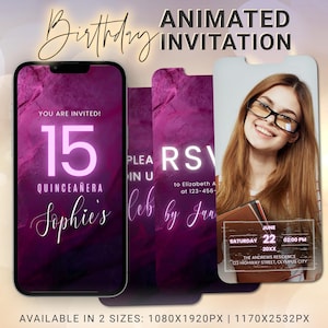 Quince Digital Invitations Purple, Editable Mis Quinceanera Animated Glitter Birthday Video Invite Template, Elegant Quinceañera Canva Evite