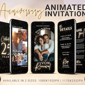 Invito animato per il 25° anniversario di matrimonio in nero e oro, modello di invito mobile per 25 anni di matrimonio, foto e musica personalizzate Canva Evite