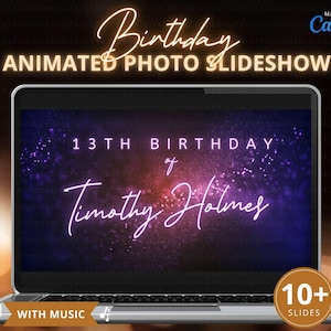 Purple Glitter Animated Birthday Photos Slideshow Template with Editable Music, Custom Teen 1-Minute Bday Tribute Video for Mobile Canva DIY