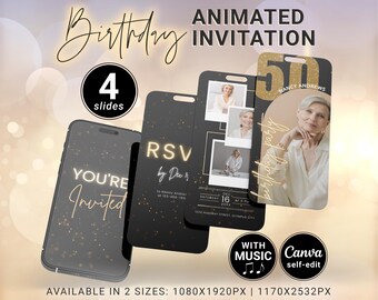 Look Whos 50 Invitation, Animated Gold & Black 50th Birthday Video Invite, Party at 50 Electronic Invite with Photos and Music Canva Digital