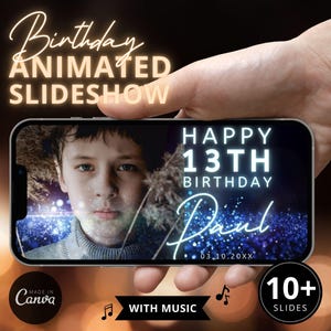 Birthday Slideshow Template, Blue Glitter Animation Theme for Custom Pictures Slide Presentation Video Canva DIY Digital Download with Music