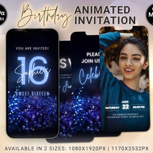 Sweet Sixteen Save the Date, blauer Glitzer animierte 16.Geburtstagseinladung für Sie, Canva bearbeitbare Fotovideovorlage DIY Sofortdownload