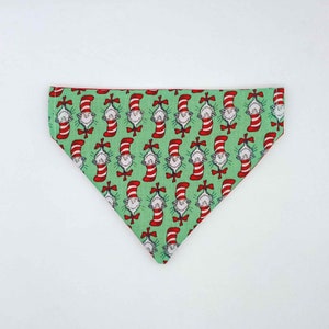 Green Cat In The Hat Fabric Kitten & Cat Bandana | Red Cotton Reverse | Collar Bandana | UK Made | Lightweight | Quality Polycotton