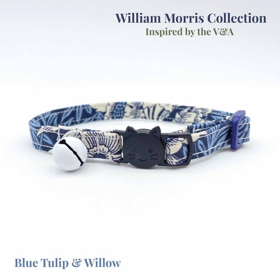 Blue Tulip and Willow Fabric Cat Collar With Flower Print | Breakaway Buckle | Adjustable | V&A Collection | Cotton Collars | Lightweight