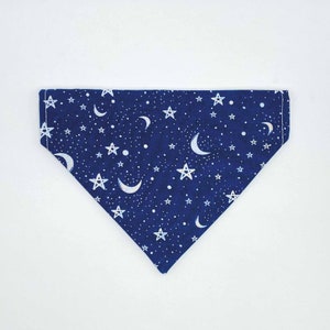Blue Fabric Kitten & Cat Bandana With White Star and Moon Print | Grey Cotton Reverse | Cat Collar Bandana | UK Made | Stylish | Lightweight