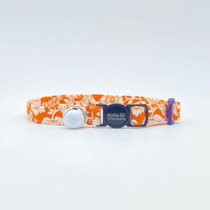 May include: Orange and white floral patterned cat collar with a silver bell and a black buckle that says "Bella & Whiskers".