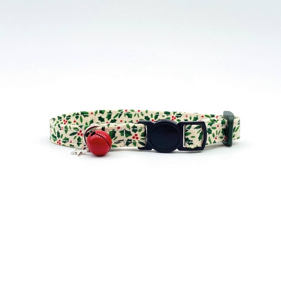 Cream Fabric Cat Collar Winter Holly Design, with Breakaway Buckle and Quality Soft Cotton