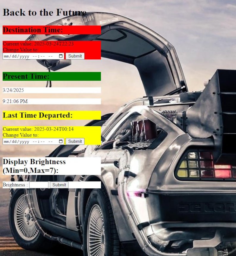 May include: A silver DeLorean time machine with the doors open. The car has a digital display with the text "Back to the Future" and a series of text boxes with the labels "Destination Time", "Present Time", "Last Time Departed", and "Display Brightness (Min=0,Max=7)".