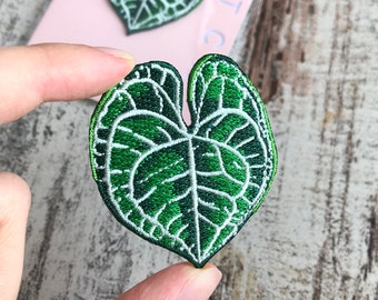 Aufnäher Anthurium Clarinervium,Bügelpatch Pflanze gestickt,  Green Plant Patch, sew on plant, botanical  leaf, Iron on plantmom patch