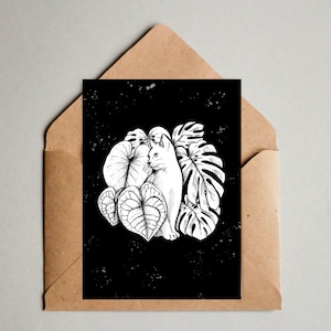 Postkarte Katze mit Pflanzen, Plantlady Karte, Grußkarte Catlady, Zeichnung Katze, Katzenmama Brief, Monstera, Anthurium, Gloriosum Druck