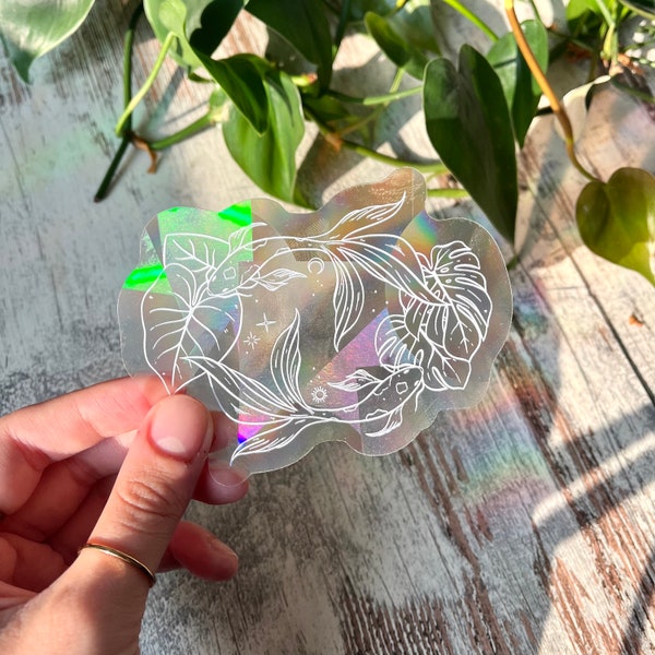 Sun Catcher Aufkleber Koi Karpfen, Gleichgewicht Ying und Yang, Pflanzen Monstera Philodendron, Lichtbrecher, Fensterdeko, Regenbogen, Sonne