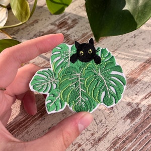 Patch plant, patch black cat, embroidery to iron on houseplant leaf, gift set patch plantlover, plant to iron on