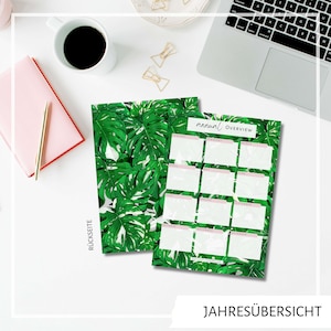 Jahresübersicht im Monstera Design, Monstera Print in A5 A6, Bullet Journal botanische Monatsübersicht, Plantlady karte ohne Datum, Büro