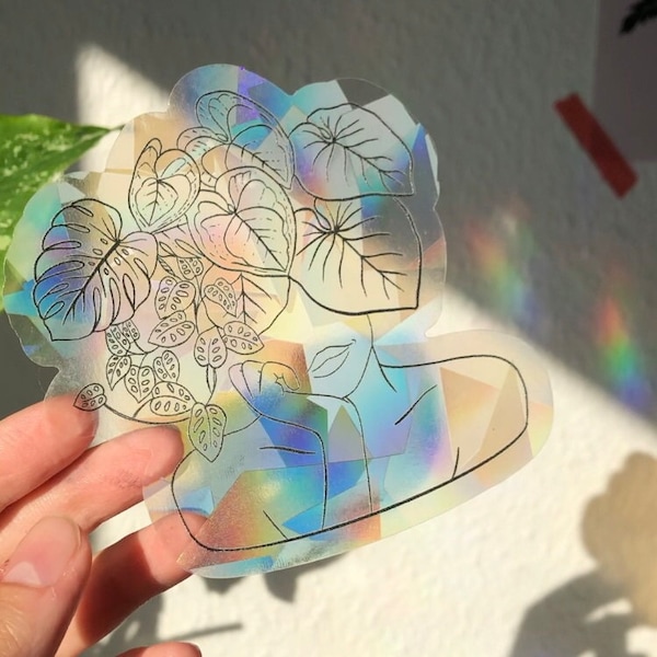 Sonnenfänger Aufkleber Regenbogen mit Pflanzen, Sun Catcher Sticker Fenster, Monstera deliciosa Blatt, Philodendron Gloriosum, Geschenk deko