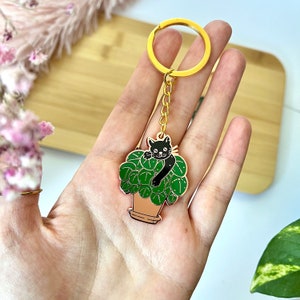 Schlüsselanhänger Pilea im Topf mit schwarzer Katze, Geschenk für Katzenliebhaber, Mitbringsel, Taschenanhänger, Crazy Catlady Glücksbringer
