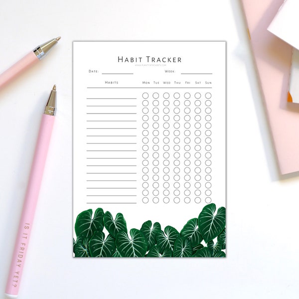 Habit Tracker A6 Block, Gewohnheitstrainer, Routine Planen, gute Gewohnheiten, Bullet Journal Tracker, Plantlover Schreibwaren, Philodendron