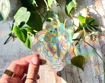 Light breaker sticker, sun catcher sticker cat Pilea Peperomioida in pot, gift idea plant lover, gift cat lover, holo