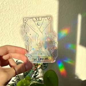 Tarot card Suncatcher Sticker, The Lovers, Gemini Symbolic, Sternbilder Astrology Geschenkidee, Jahrestag Deko Regenbogen, Monstera adansoni