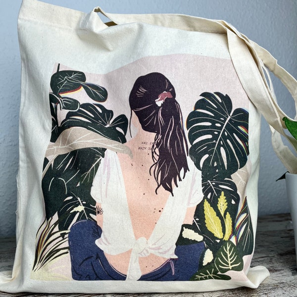 Jutebeutel Pflanze, Stofftasche für Pflanzenliebhaber, Boho botanischer Aufdruck, lange Henkel, Stoffbeutel Pflanze, Vintage Bag, Blumen