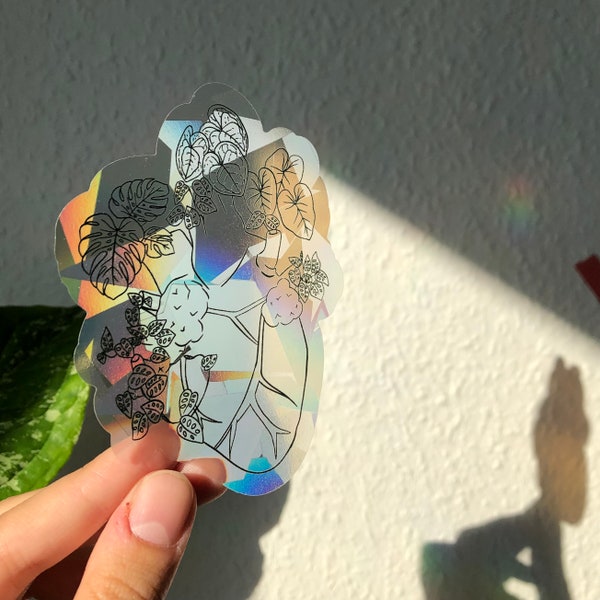 Sonnenfänger Aufkleber Regenbogen mit Pflanzen, Sun Catcher Sticker Fenster, Monstera deliciosa Blatt, Philodendron Gloriosum, Geschenk deko