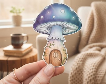 Pegatina de vinilo con forma de hongo de casa de hadas, estilo cottagecore, decoración de hongos de fantasía, naturaleza caprichosa, pegatinas para diario