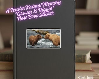 Puede incluir: Una pegatina negra sobre una superficie negra presenta una imagen de dos osos pardos tocándose la nariz en un río. La pegatina tiene el texto "A Tender Katmai Memory *Grazer & Biggie* Nose Boop Sticker."