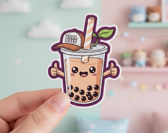 Kawaii Boba Boss Vinyl Sticker, Waterproof Milk Tea Decal