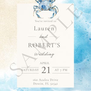 Custom Wedding Invitation, Beach Theme, Crab Coastal Design, Ocean Destination Wedding Invite, Personalized Digital Download, wedding invite