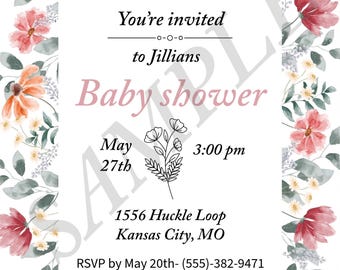 Invitación floral de acuarela para baby shower: Invitación para fiesta en el jardín (Descarga digital)