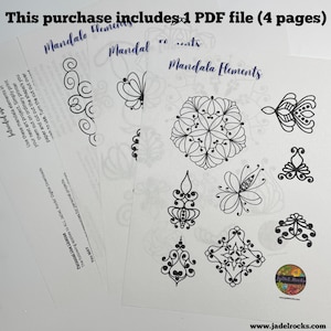 May include: A collection of printed mandala elements on white paper. The text "Mandala Elements" is visible, along with the website address. The purchase includes a 1 PDF file with 4 pages of designs for personal projects.
