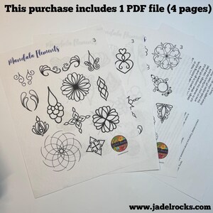 Peut inclure: Plusieurs motifs d'éléments de mandala imprimés sur du papier translucide. Les motifs comprennent des motifs floraux et géométriques, avec le texte "Mandala Elements" et "www.jadelrocks.com". L'achat comprend un fichier PDF de 4 pages.