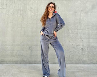 Luxurious Velour Tracksuit: Two-Piece Loungewear Set with Wide Pants for Women | Cozy Exclusive Design | Gift For Her | Handmade | Home Wear