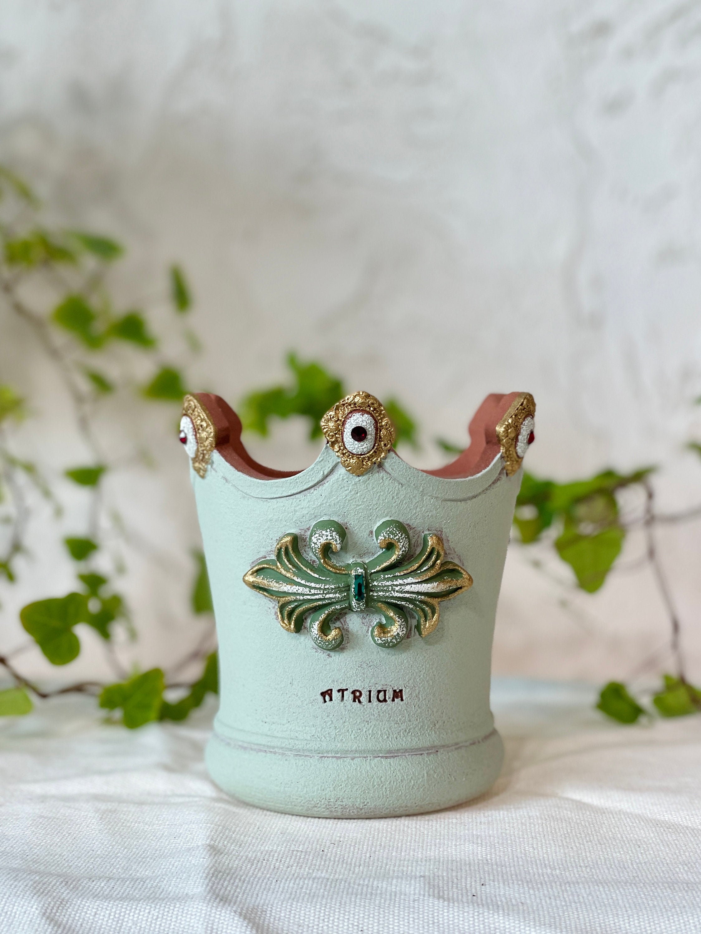Regina Mint Handmade Terracotta Crown Pot, Houseplant Pot, Unique