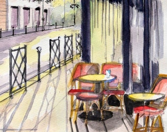 French Cafe, Paris  Brasserie, Original Watercolor Painting, French Wall Art