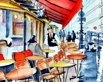 Paris Brasserie Watercolor Painting: Rainy Night Cityscape Art (9x12 inches)