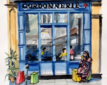 Paris Cafe Watercolor Painting: Cordonnerie, Travel Wall Art (11.7x16.5 A3)