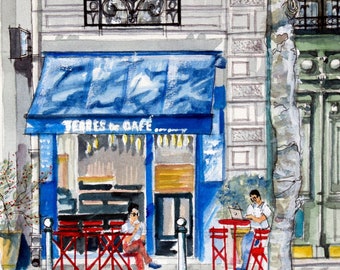 Paris Cafe Watercolor Painting: Terres de Café, Travel Wall Art (11.7x16.5 inch)