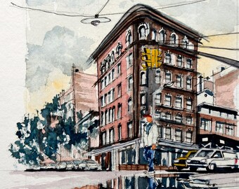 NYC Street Scene Watercolor Painting: Urban Cityscape Art (12.6x9.4 in)