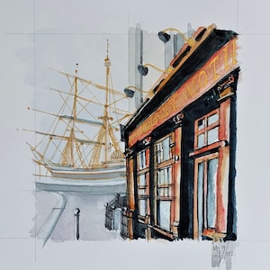Original Aquarell von Gipsy Moth Pub in London - Reise Geschenk - Wohnkultur