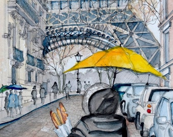 Eiffel Tower Watercolor Painting: Parisian Street Scene, Original Art (9.4x12.6 inches)