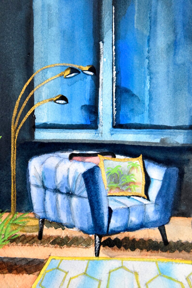 Watercolor French Cafe, Art Deco, Blue Salon Interior, Signed (9x12 ...