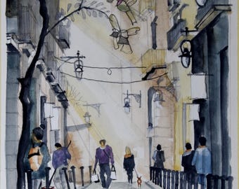 Handmade Naples Watercolor Painting: Mediterranean Home Decor Art (11.69x8.26)