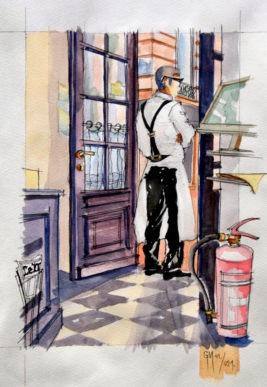 Parisian Cafe Waiter Watercolor Painting: Signed Handmade Wall Art (9.92x13.85 in)