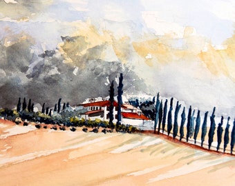 Tuscan Landscape Watercolor Painting: Original Italian Countryside Art (12.6x9.4 inches)