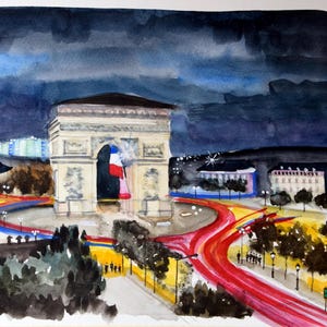 Arco di Trionfo, Place de l'Etoile, Parigi, dipinto ad acquerello originale, arte murale con paesaggio urbano, arredamento per la casa e regalo, 8/26 x 11/80 pollici