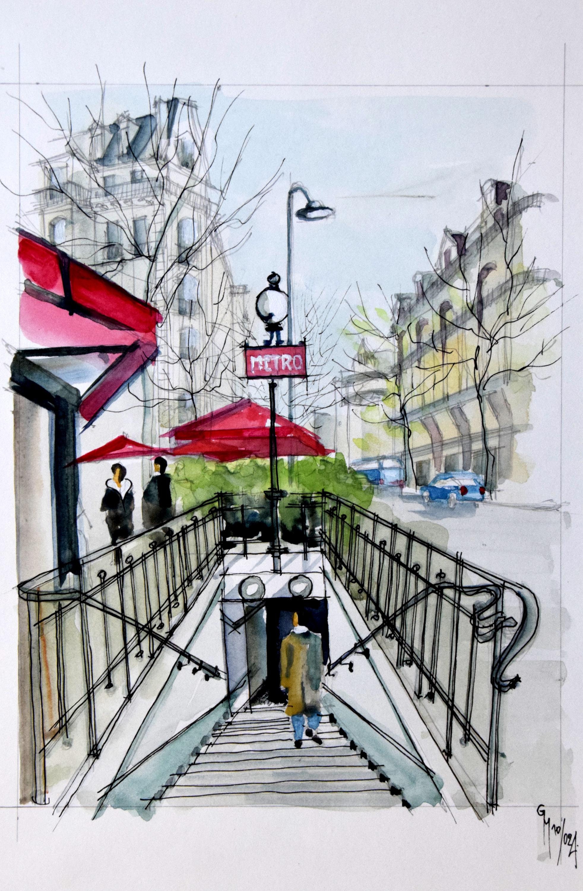 Paris Metro Watercolor Painting: Art Nouveau Cityscape