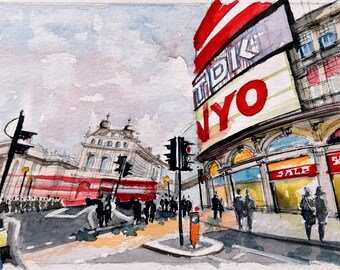 Experience the Electric Vibe of the Iconic West End Piccadilly Circus in London through a Stunning Handmade Watercolor Painting