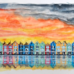 Dipinto ad acquerello, 16/50x11/70 pollici, tramonto di Amsterdam, firmato con certificato, opera d'arte originale