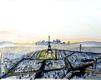 Panorama di Parigi, Parigi ad acquerello, Torre Eiffel, 16/50 x 11/70 pollici