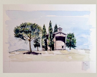 Handmade Watercolor Painting: Tuscan Chapel, Italian Landscape Art (12.6x9.4 Inch)